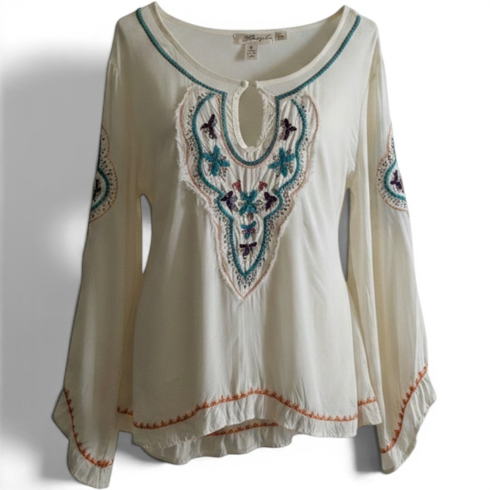 Liberty Love Boho Embroidered Peasant Blouse Off White Cream Long Sleeve Large